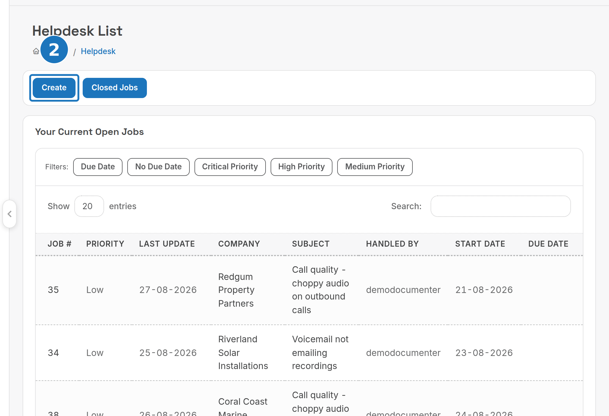 Helpdesk List with the Create button