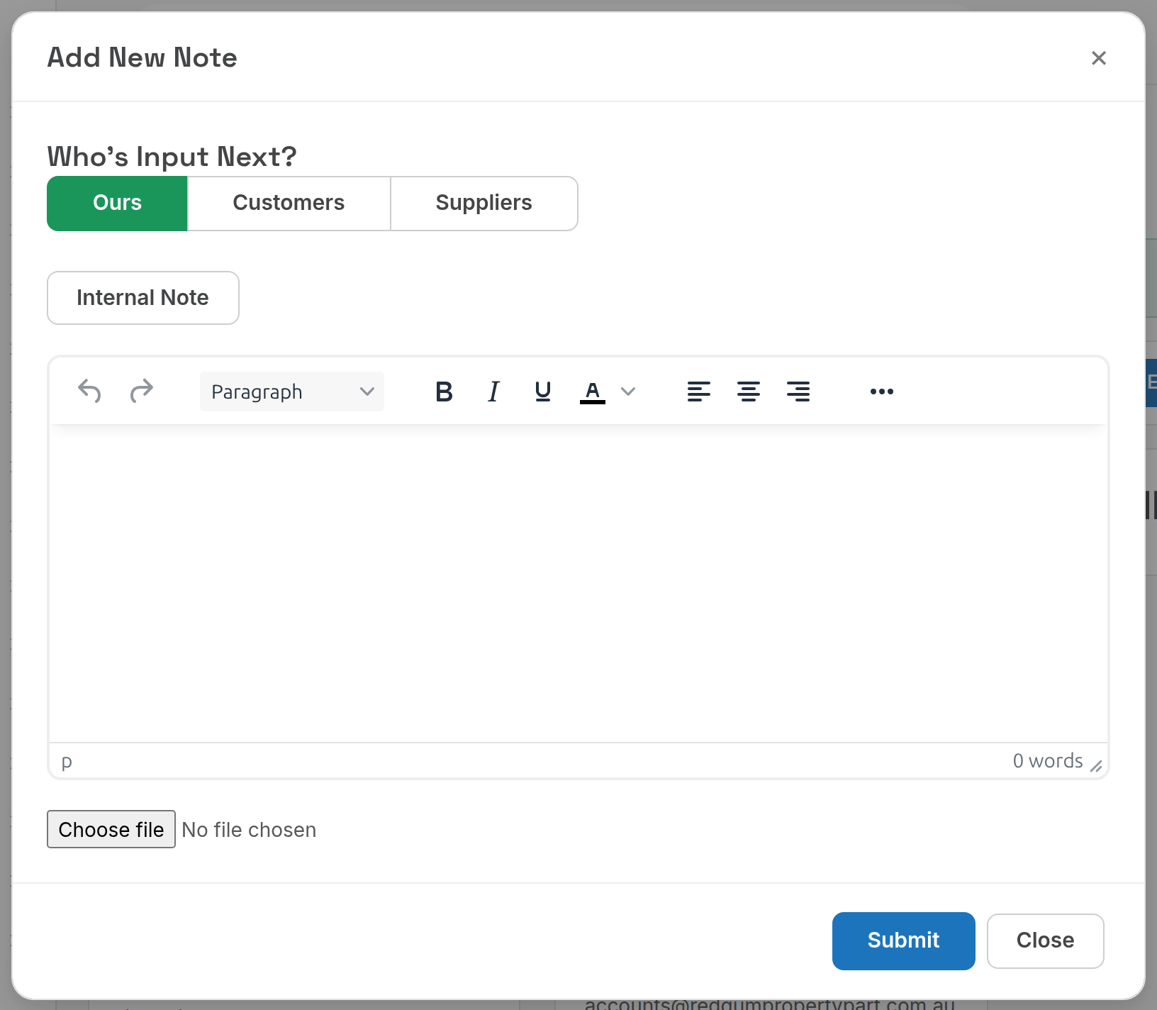 Add Helpdesk Note dialog