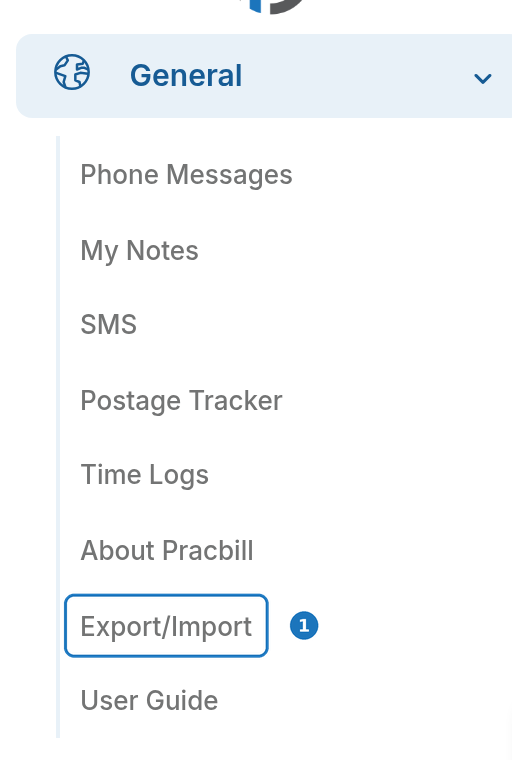 General menu with Export/Import highlighted