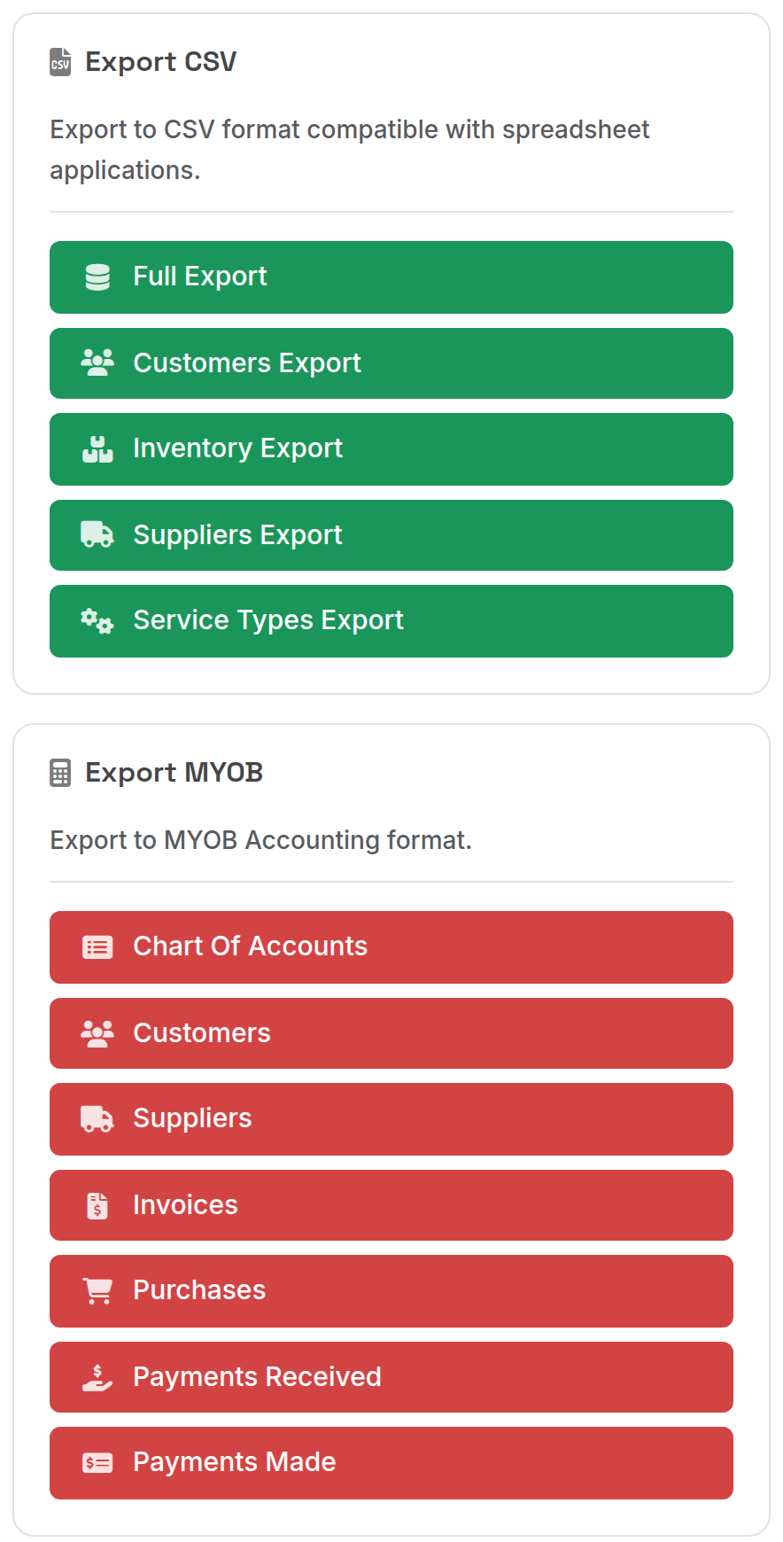 Export cards on the Export/Import page