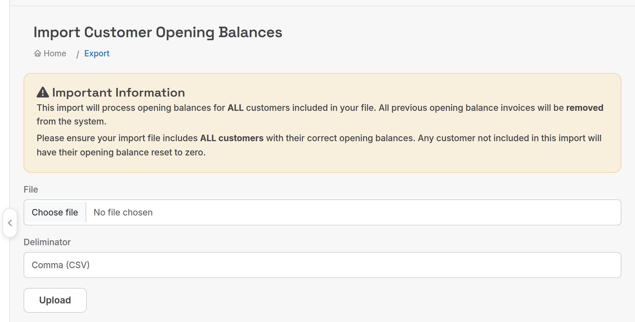 Import Customer Opening Balances warning