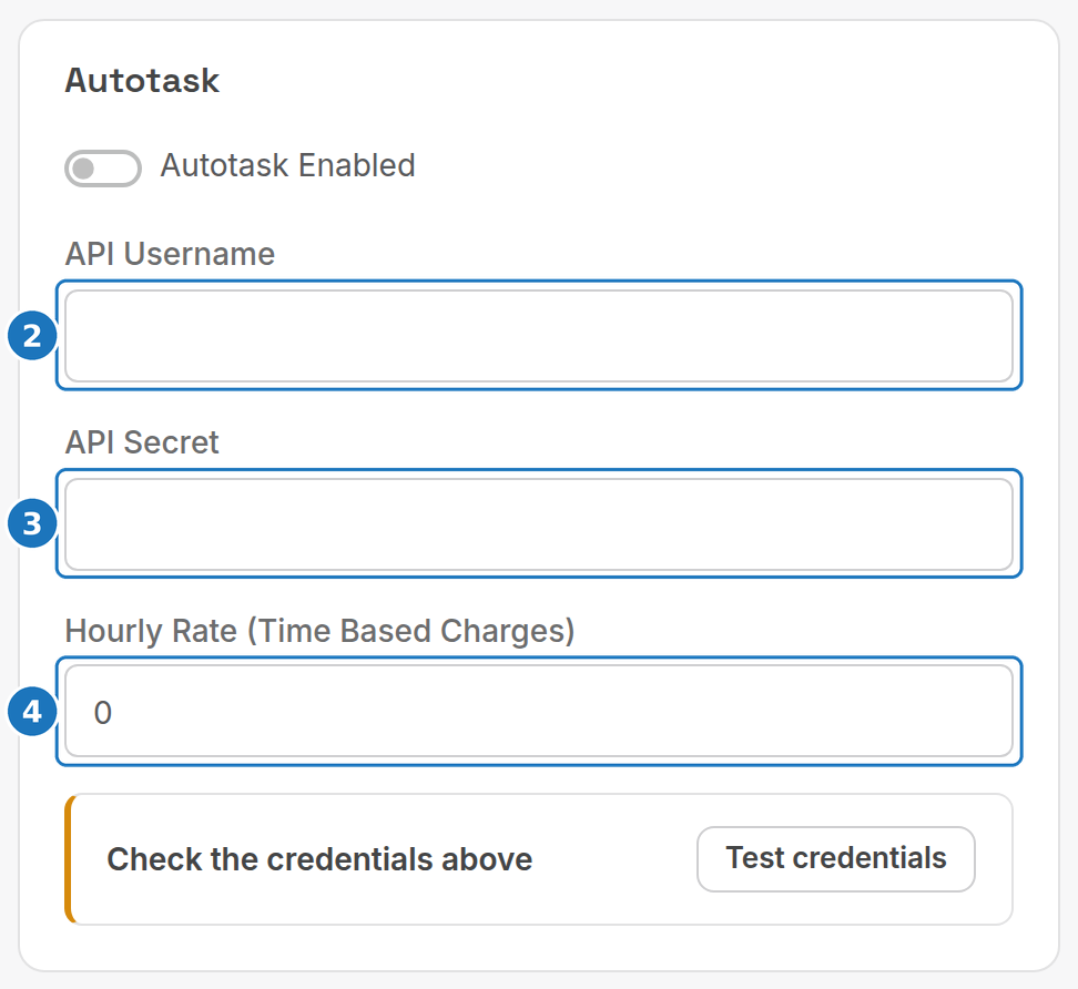 Autotask card on Department Settings with username, secret and hourly rate