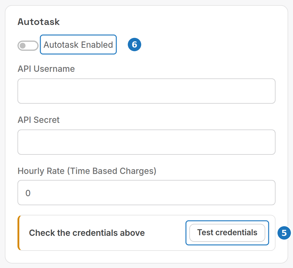 Autotask card with Test credentials and the Autotask Enabled toggle
