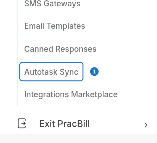 Admin menu with Autotask Sync highlighted