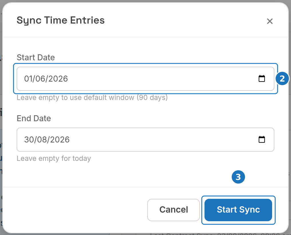 Sync Time Entries dialog with date range