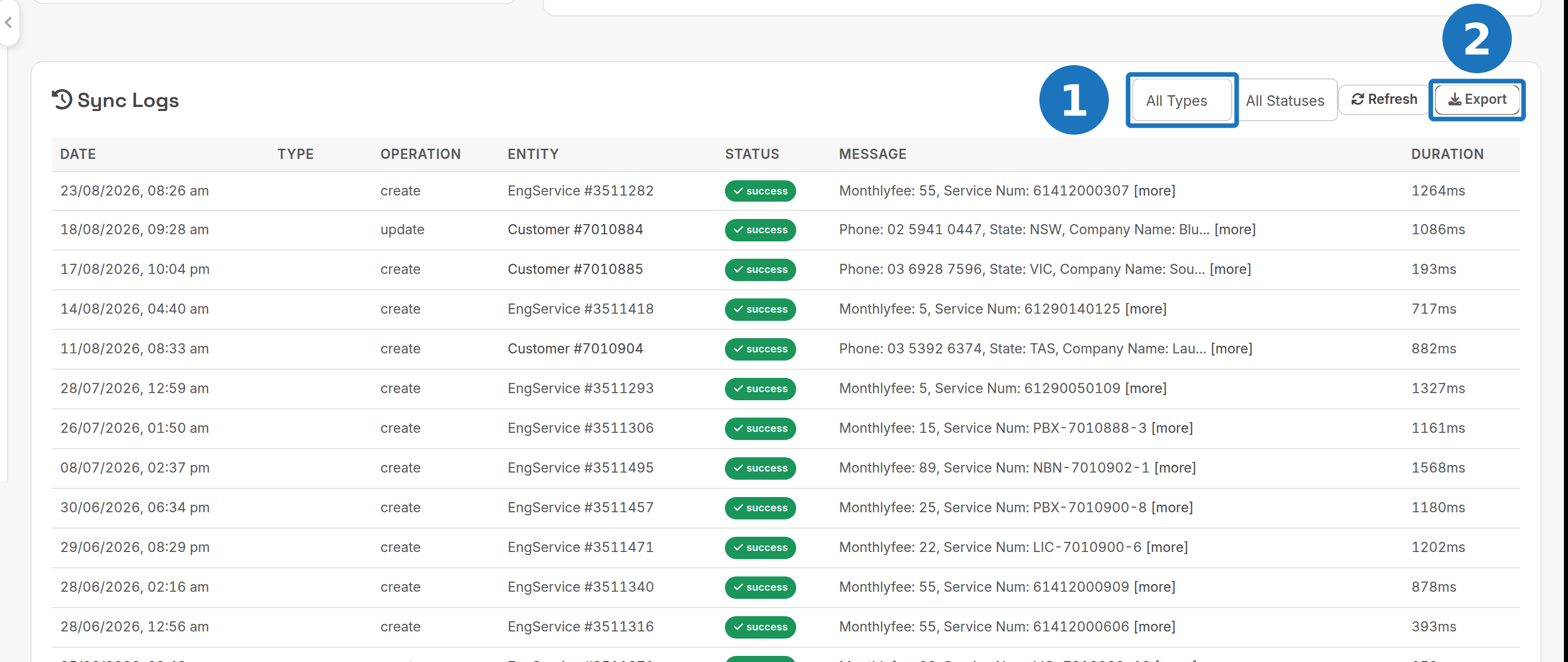 Sync Logs card with filters and Export