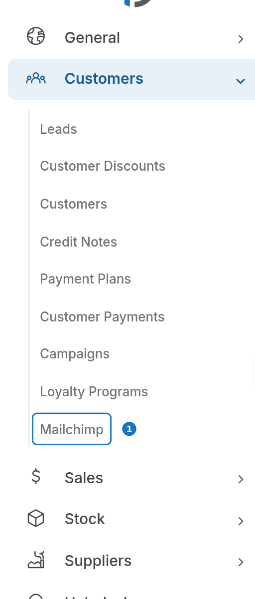 Customers menu with Mailchimp highlighted