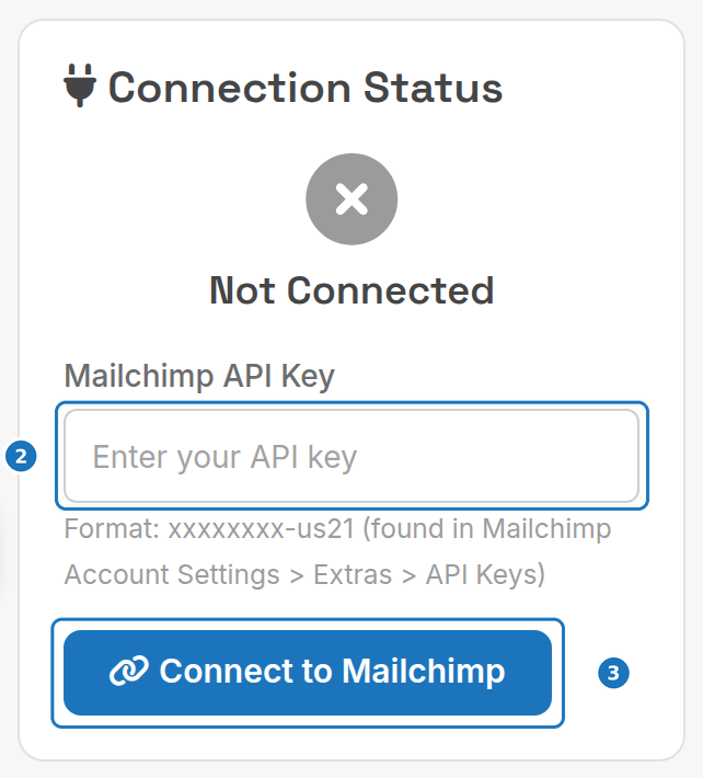 Connection Status card with API key field and Connect button