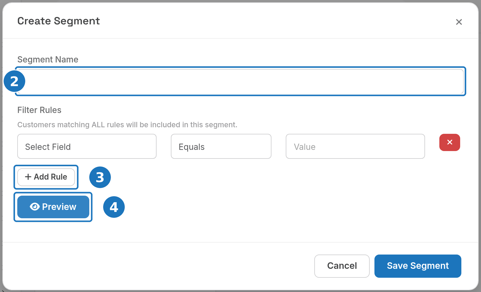 Create Segment dialog with name, rules, Add Rule and Preview