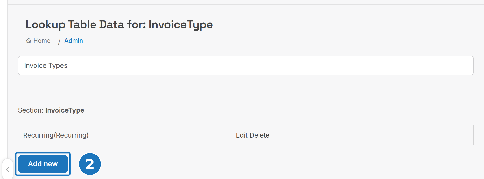 Invoice Types lookup table with Add new