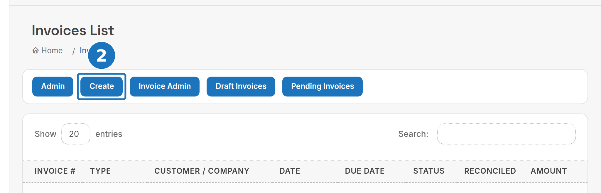 Invoices list with the Create button