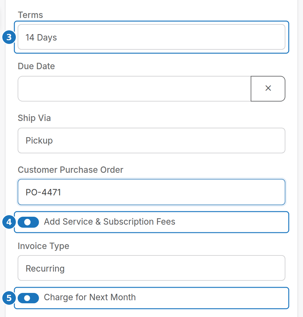 Invoice details with terms, service fees and next month toggles