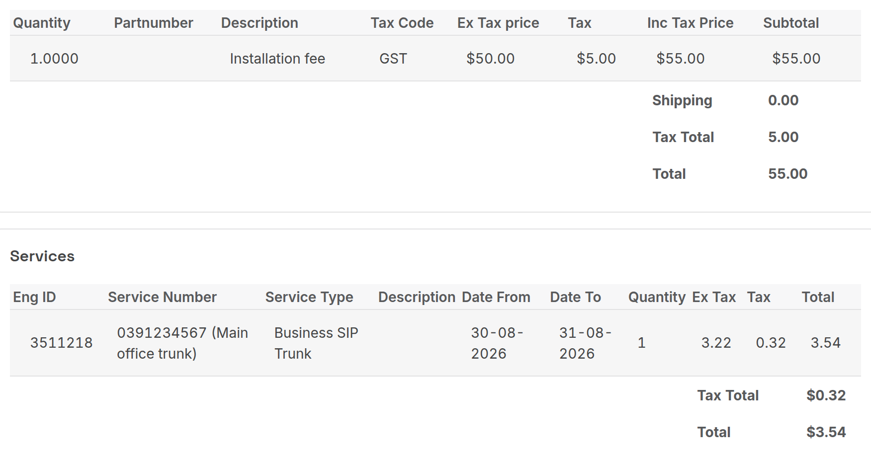 Product and service charges on an invoice