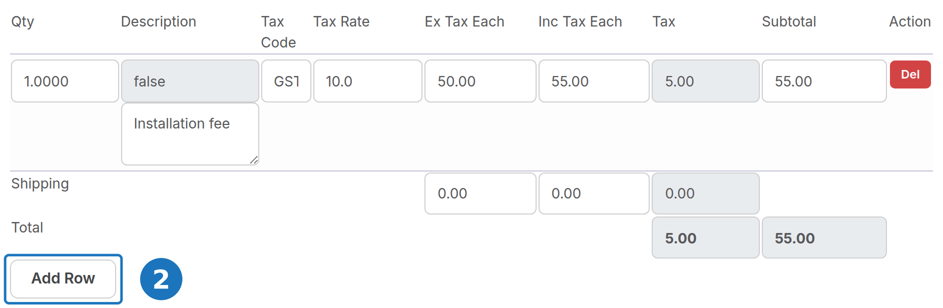 Charges table with the Add Row button