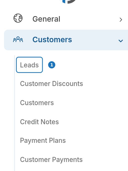 Customers menu with the Leads item highlighted