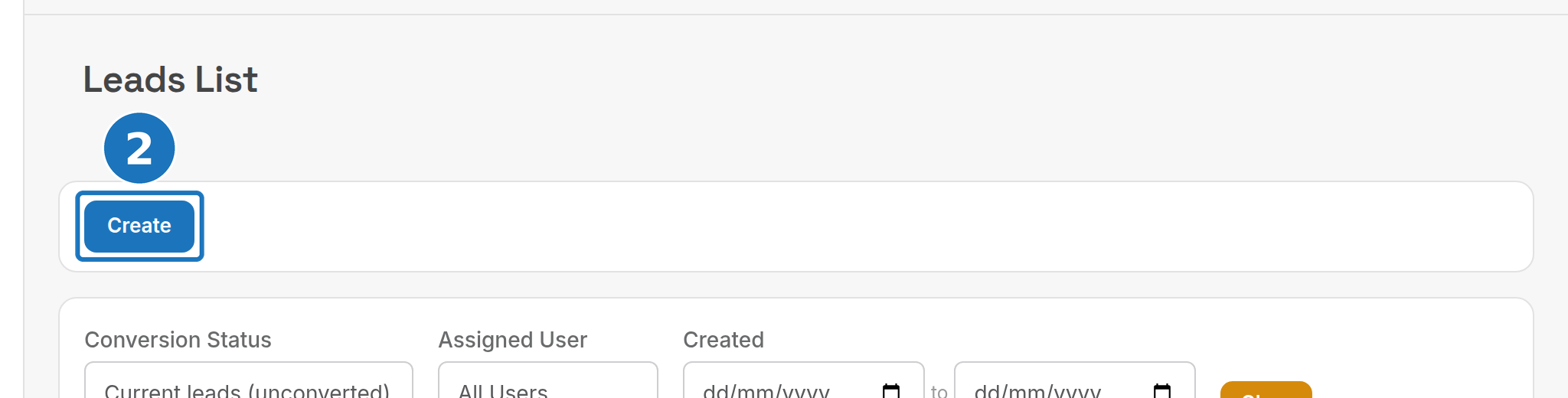 Leads list with the Create button
