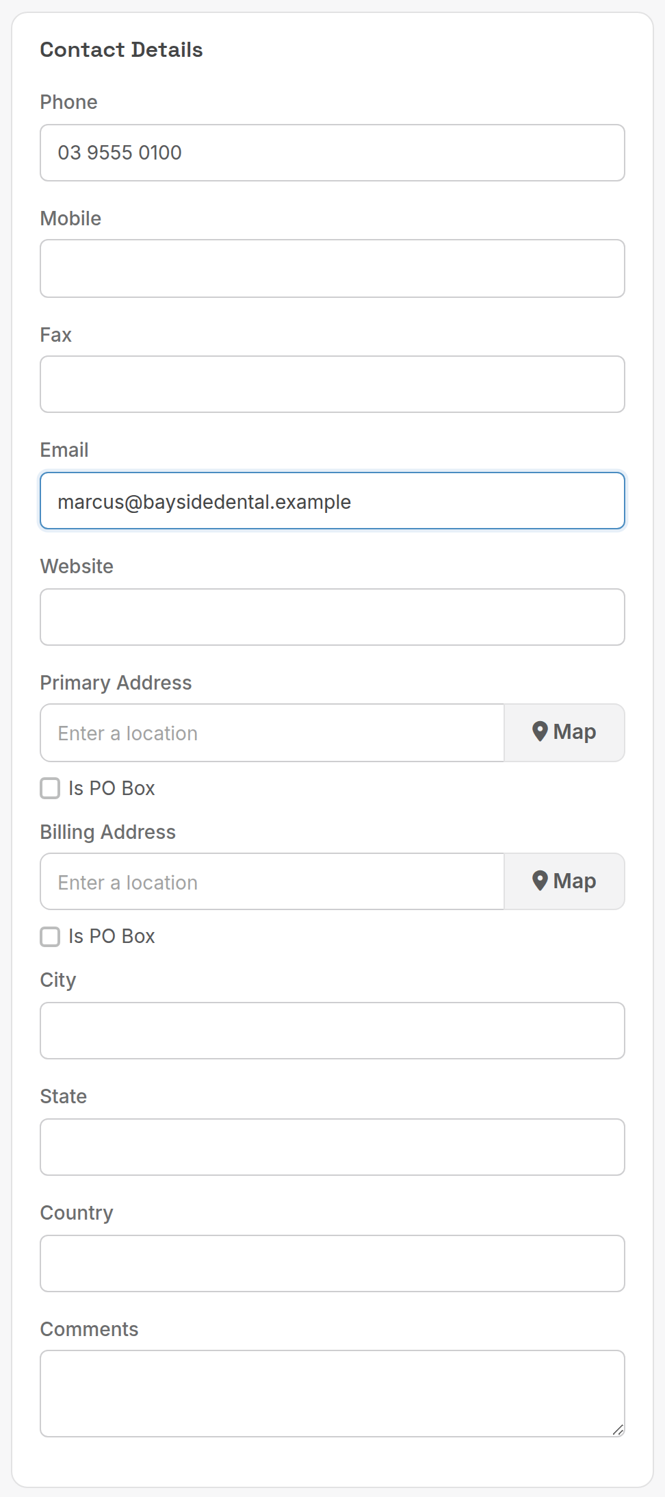 Contact Details card on the lead form
