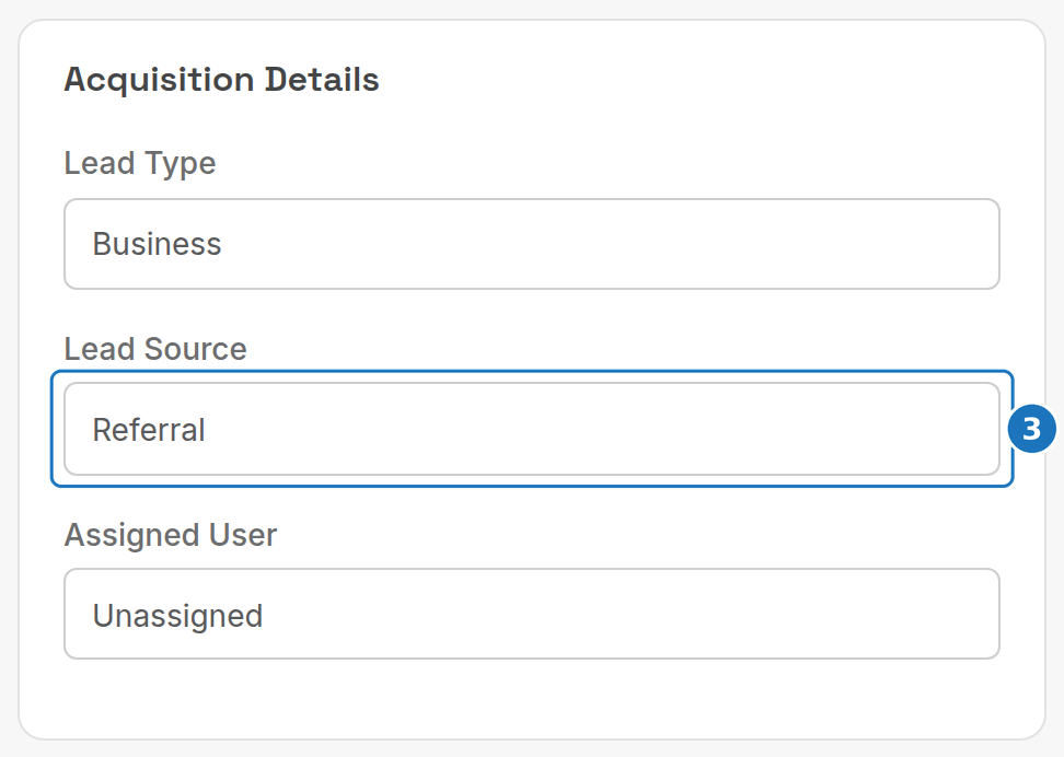 Acquisition Details card on the lead form