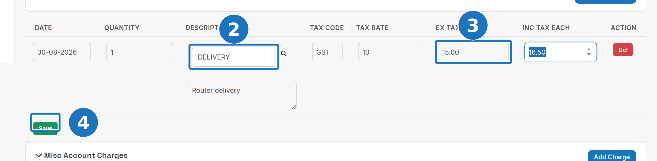 New charge row with description, amount and Save