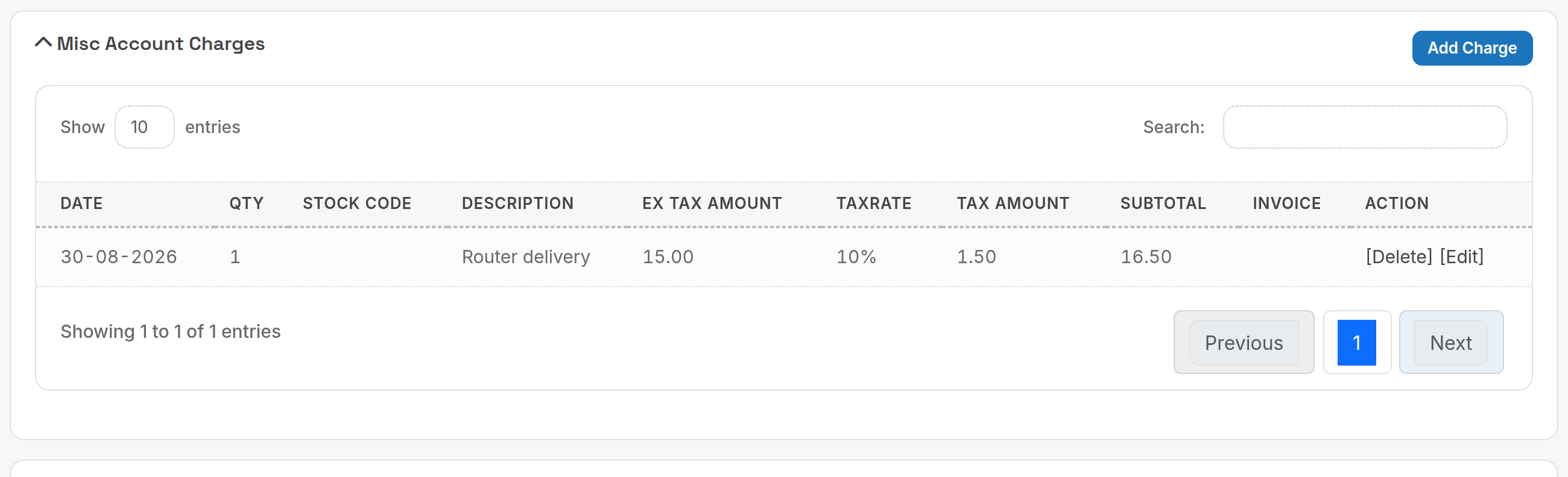 Misc Account Charges table showing the saved charge