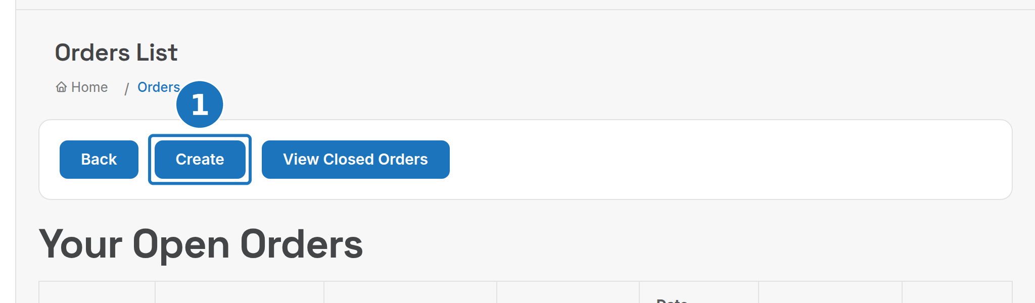 Orders list with Create