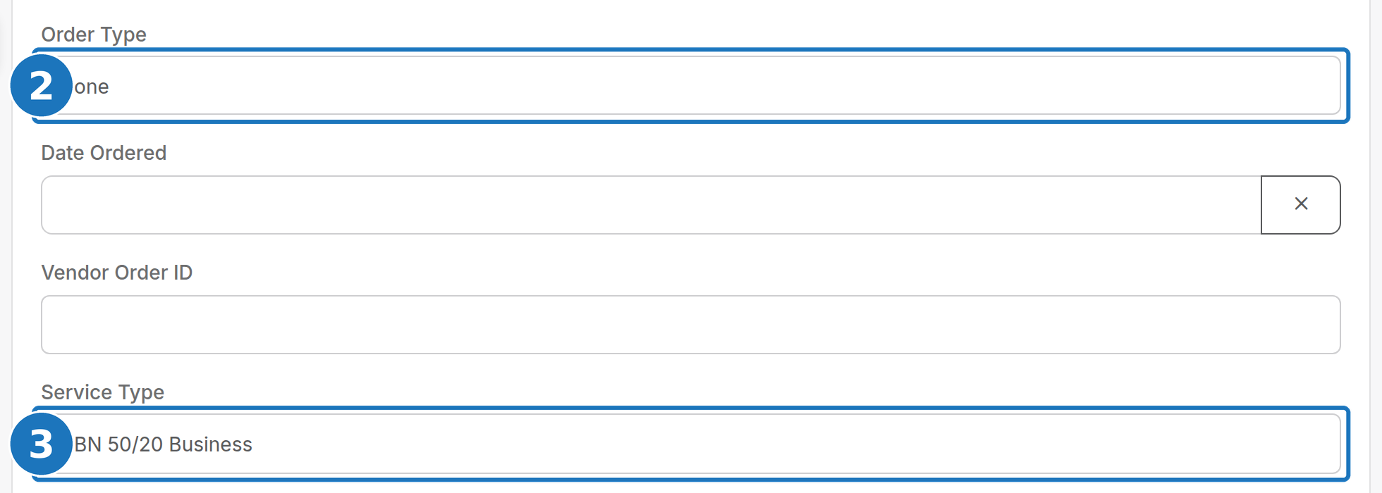 Order form with Order Type and Service Type