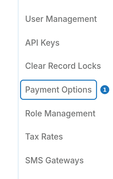 Admin menu with Payment Options highlighted