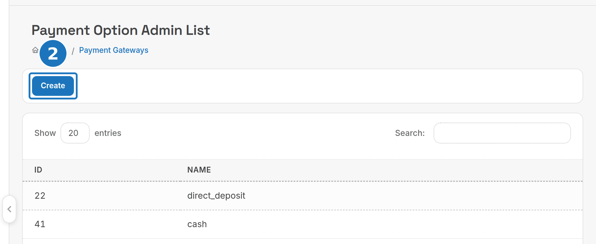 Payment Option Admin List with the Create button