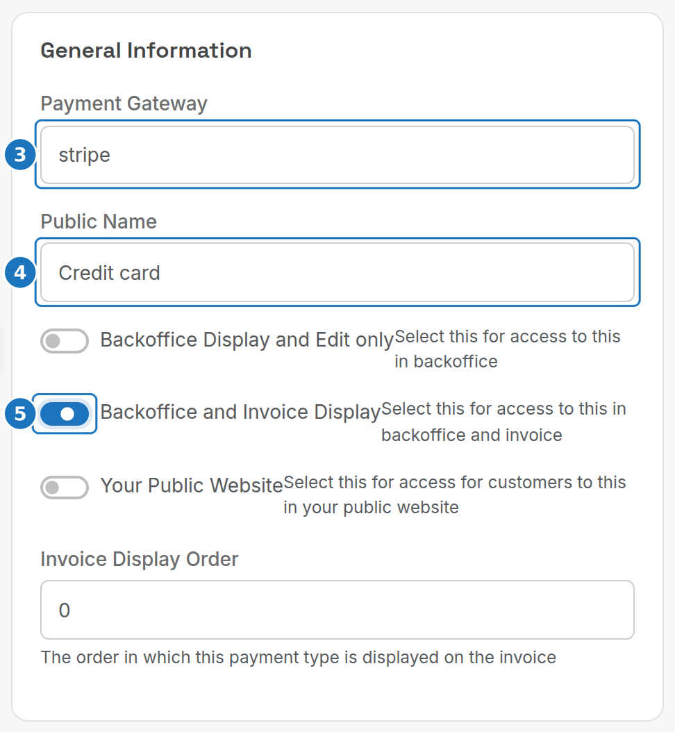 General Information card of the payment option form