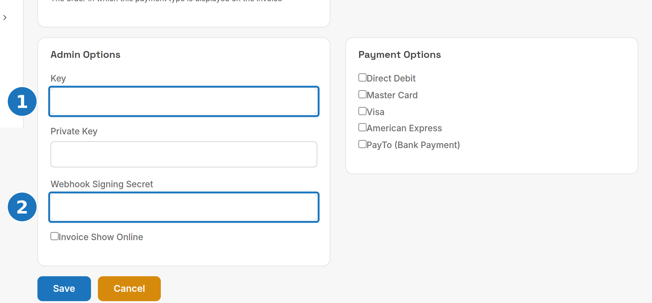 Stripe Admin Options and Payment Options cards
