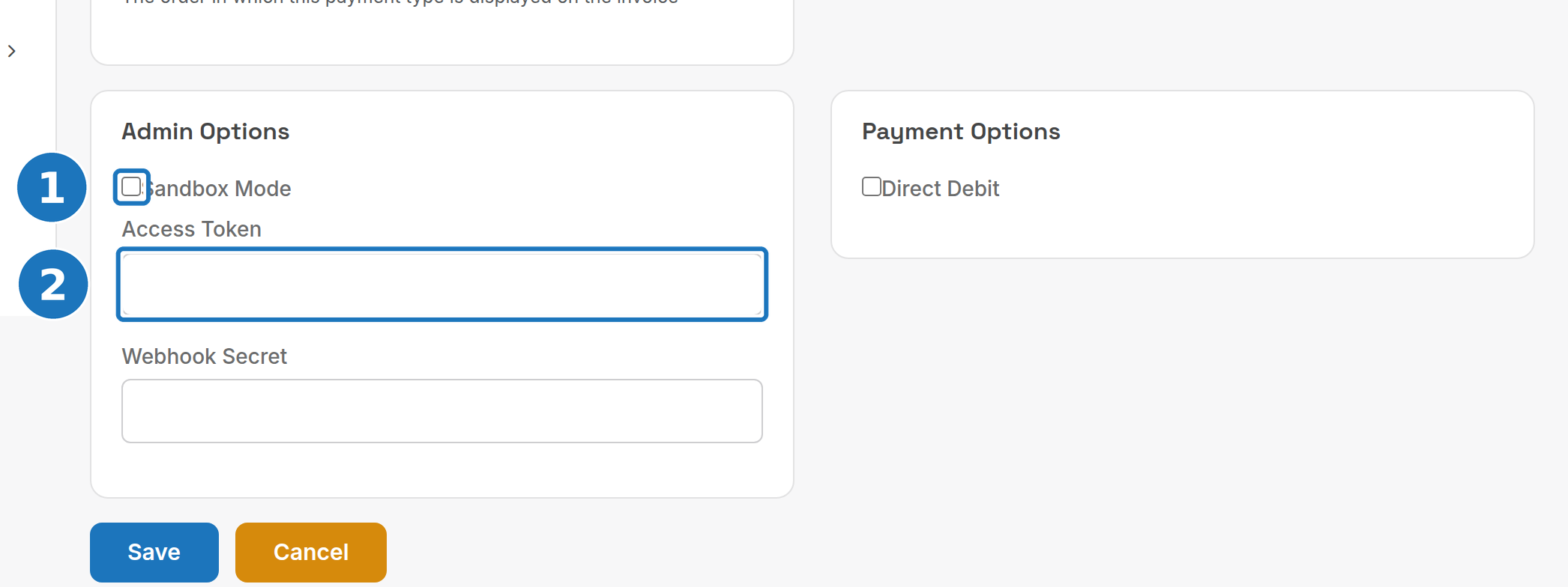 GoCardless Admin Options and Payment Options cards