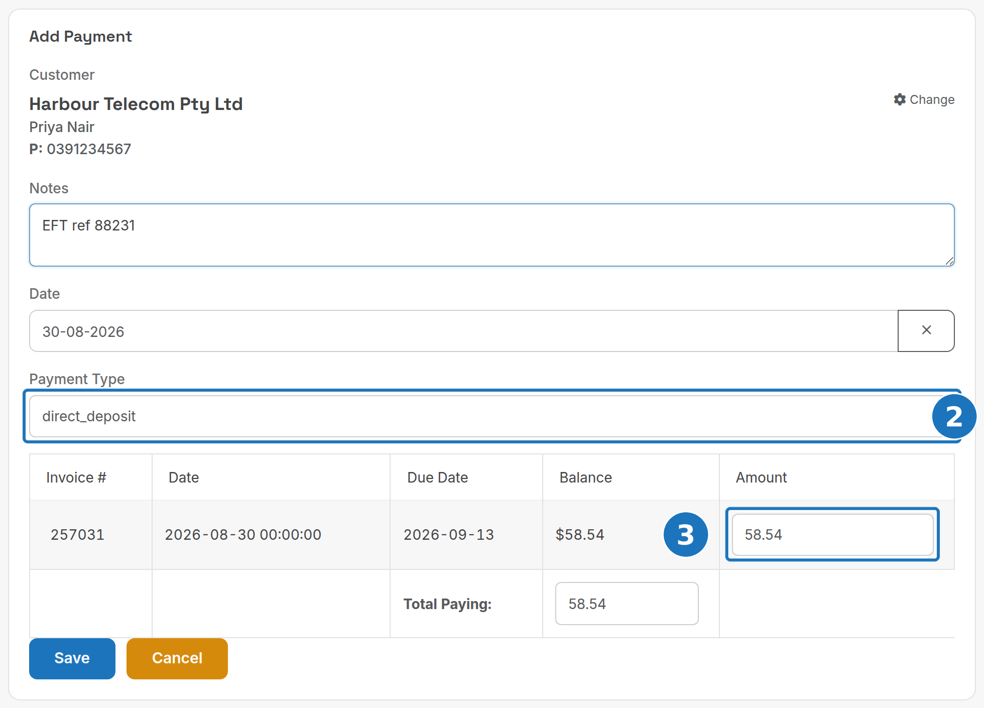 Add Payment form for the account