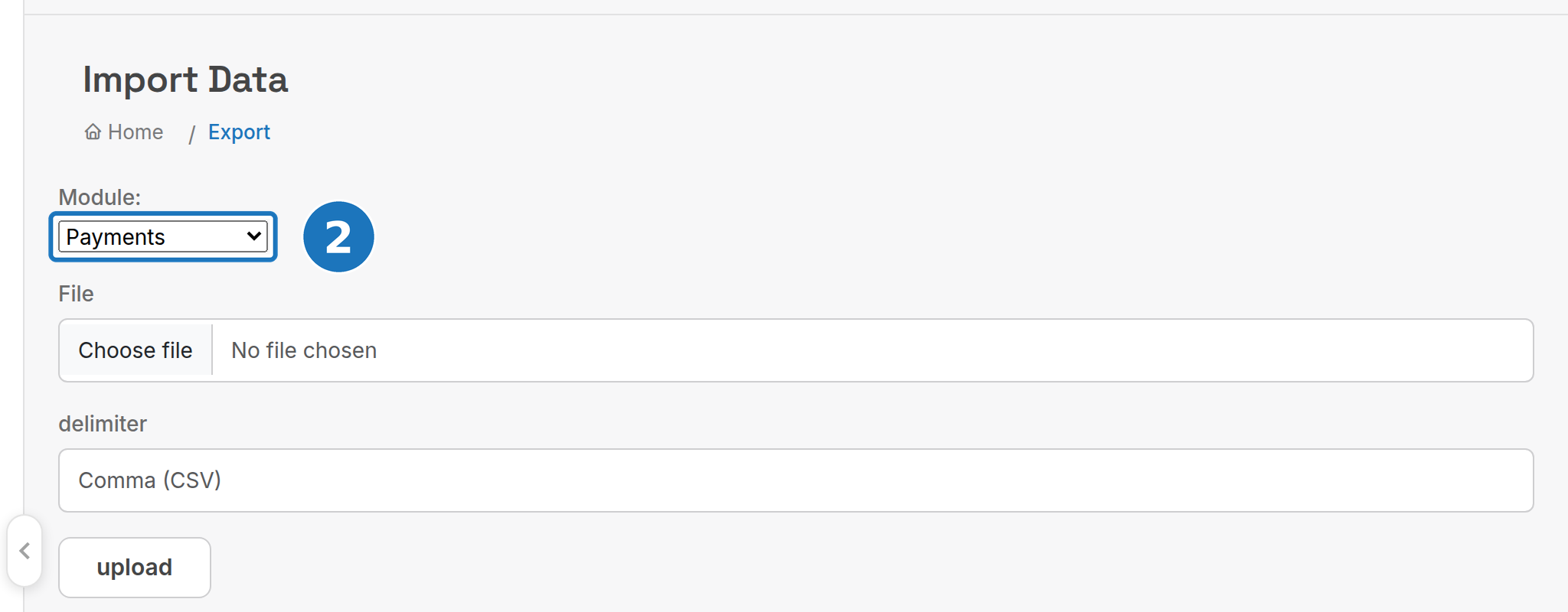Import Data page with Module set to Payments