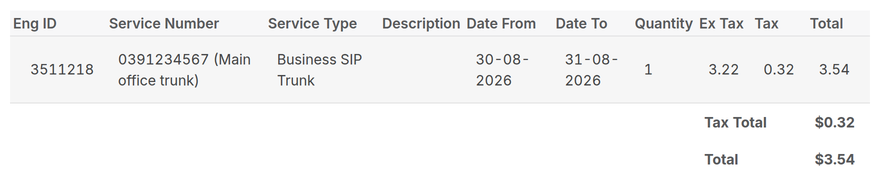 Pro-rata service line on an invoice
