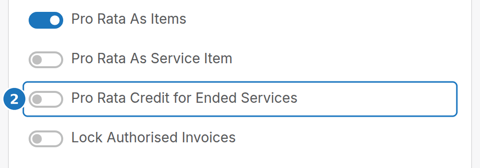 Pro Rata Credit for Ended Services toggle