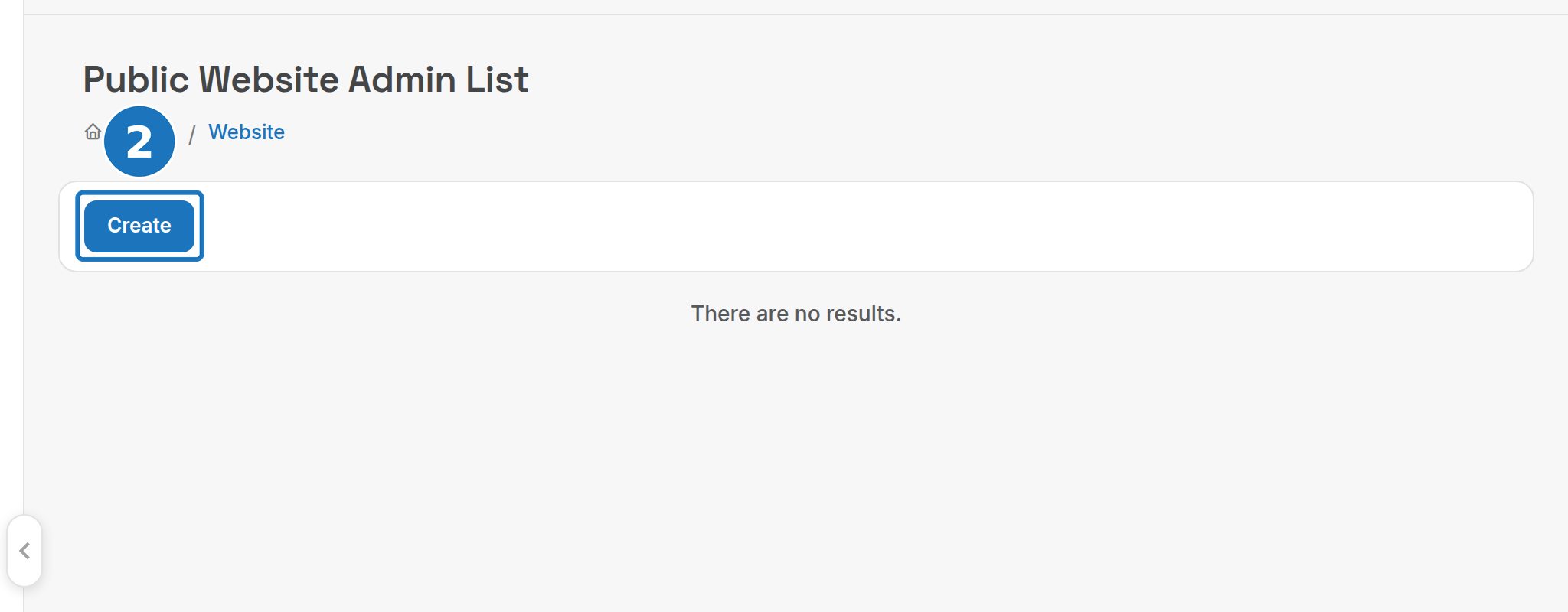 Public Website Admin list with the Create button