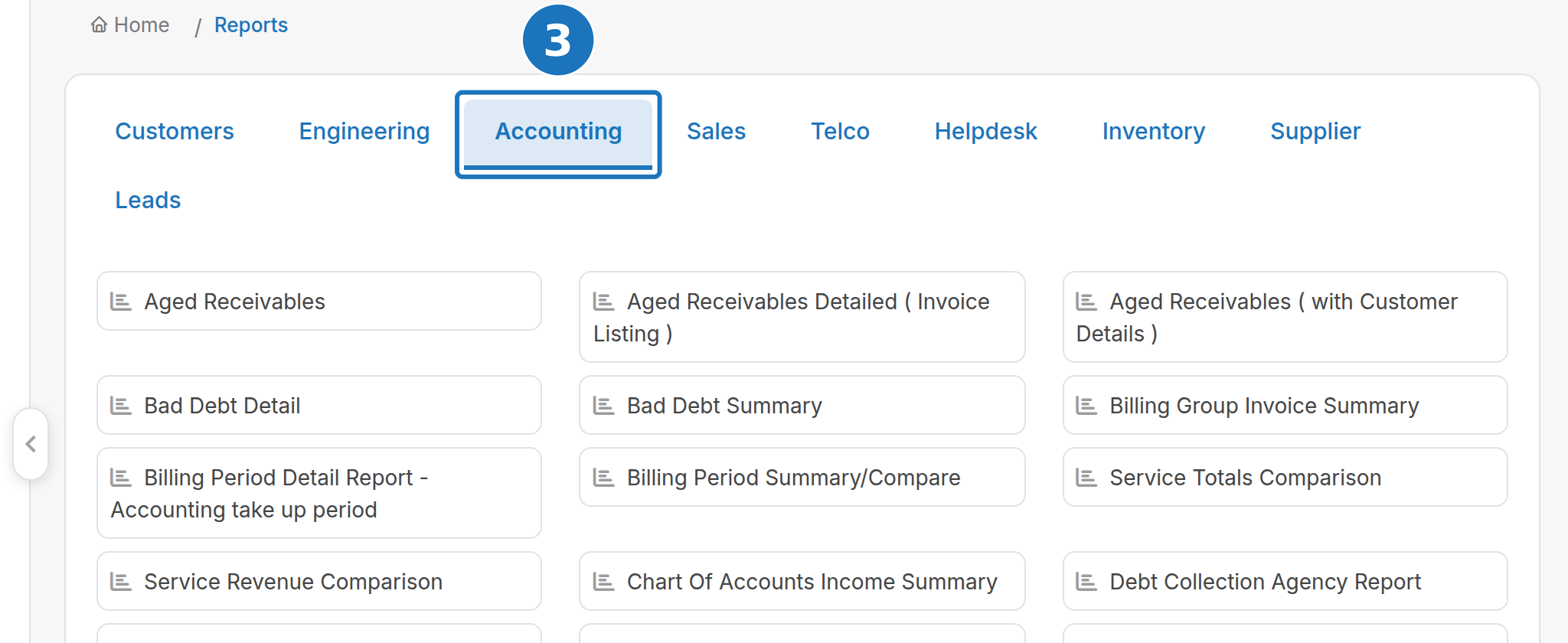 Report list, Accounting tab