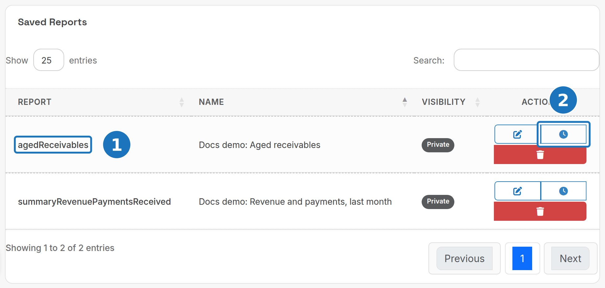 Saved Reports list with actions