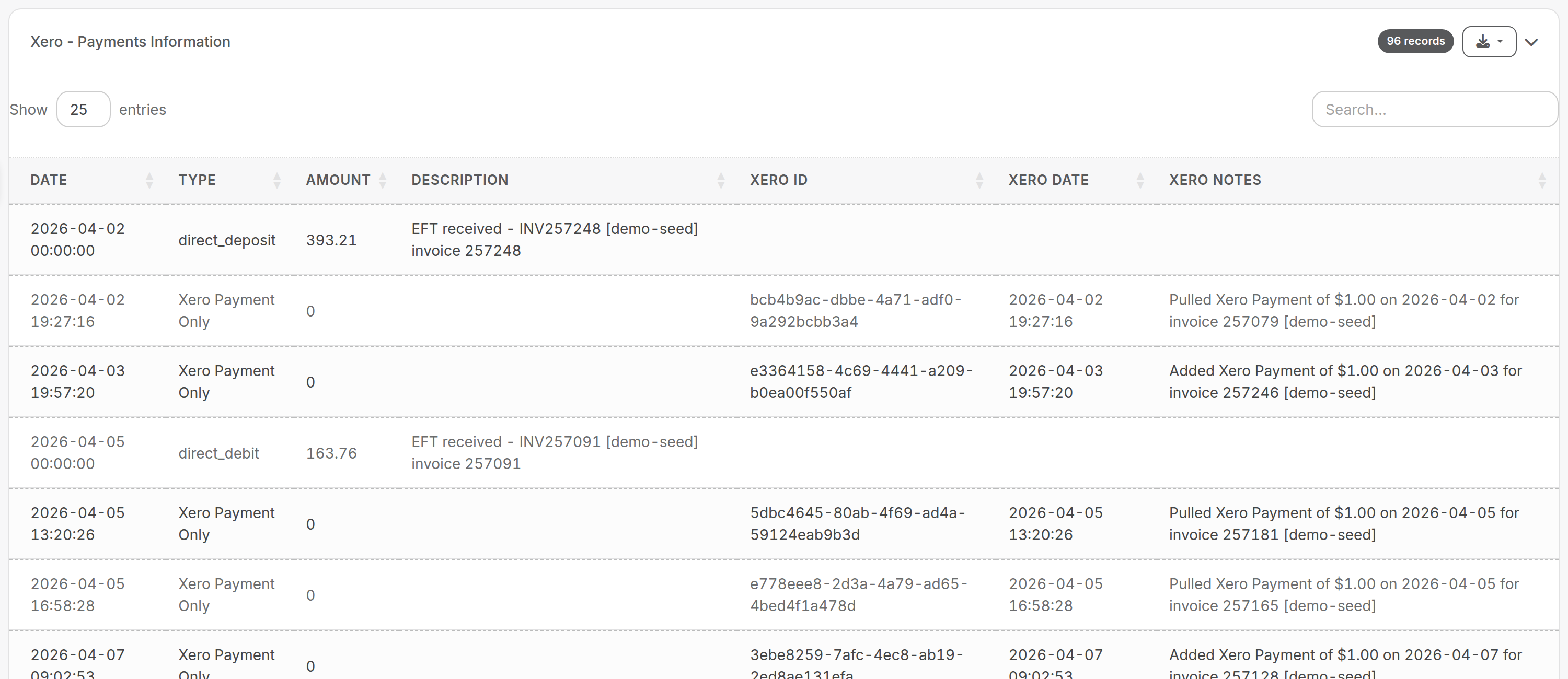 Xero Payments Information output