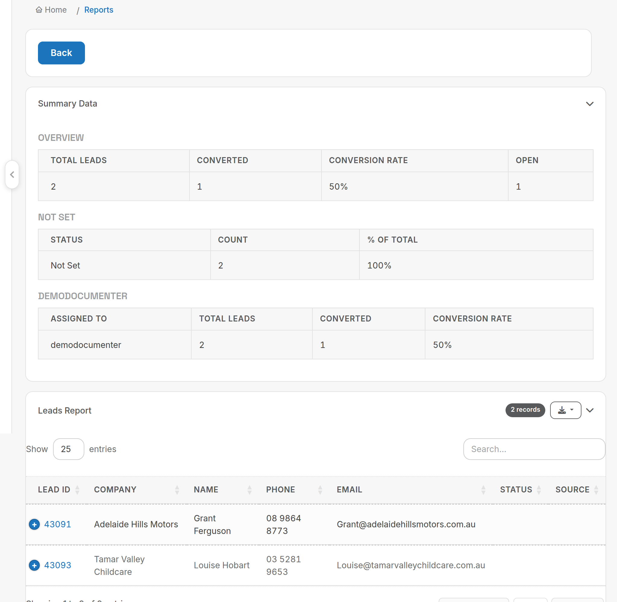 Leads Report output