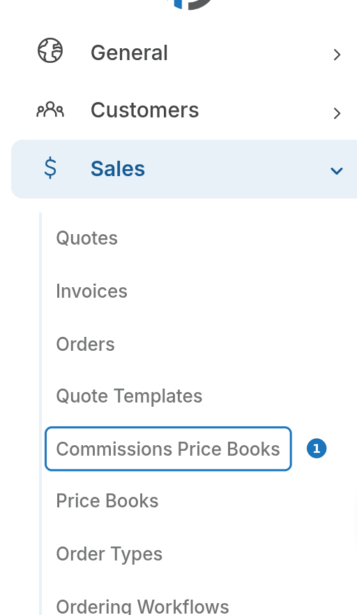 Sales menu with Commissions Price Books highlighted