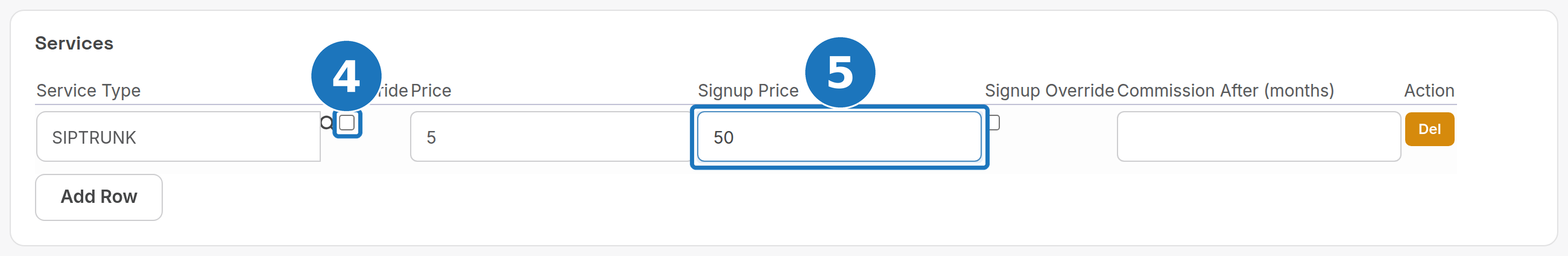 Services row in a commissions price book