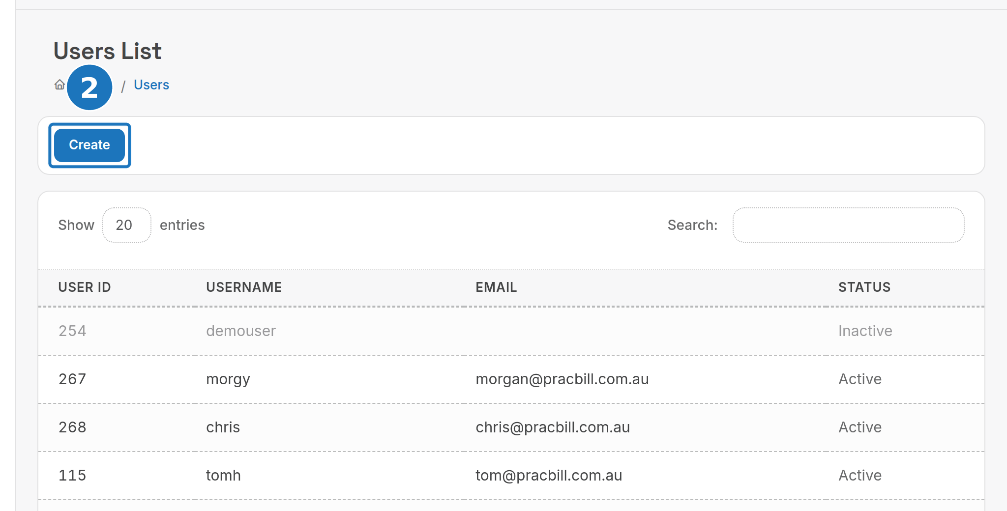 Users List with the Create button