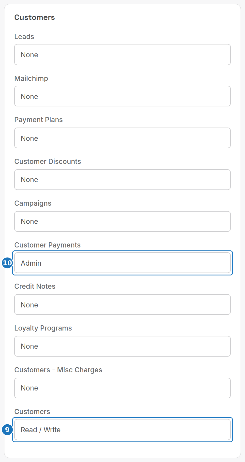 Customers permission group on the role form