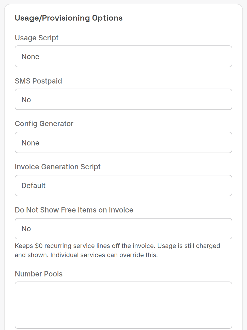 Usage/Provisioning Options card