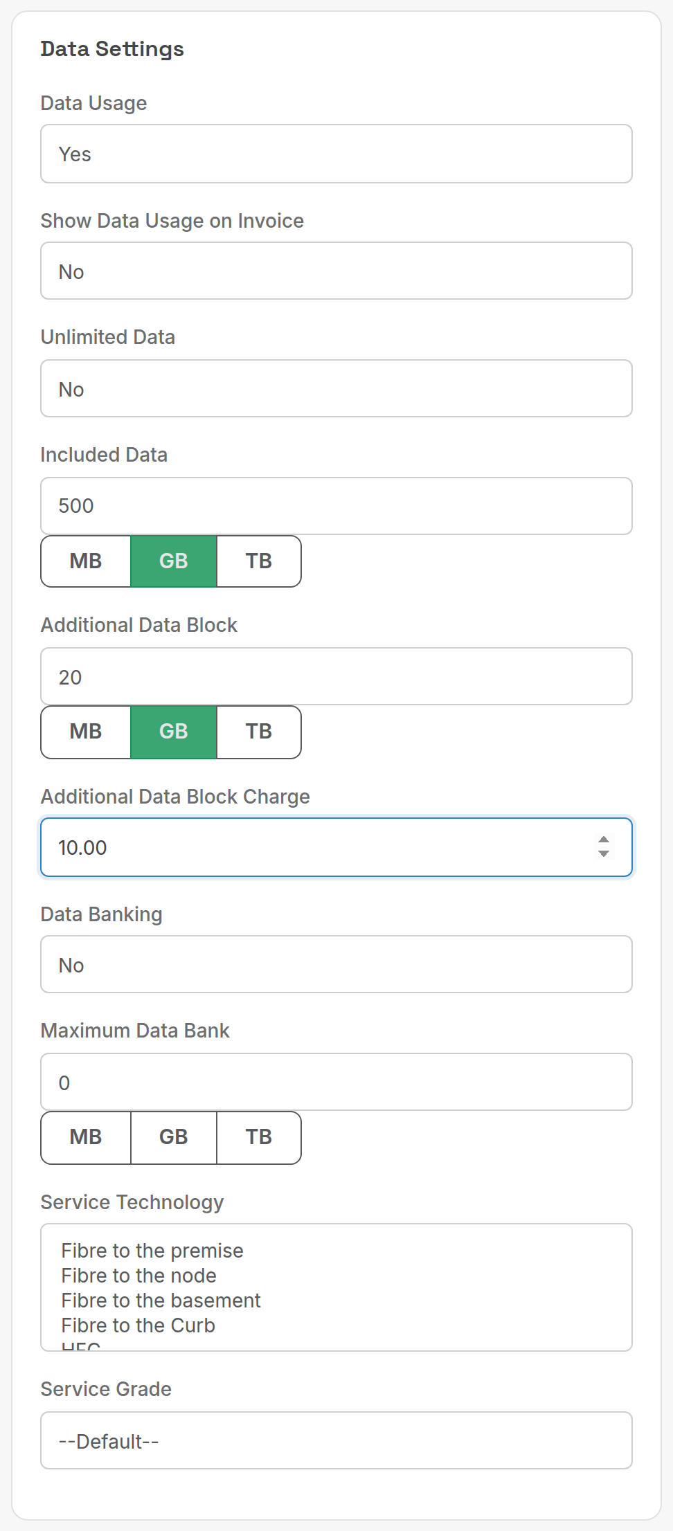 Data Settings card