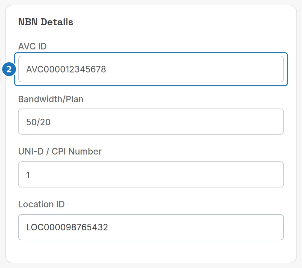 NBN Details card with the AVC ID filled in