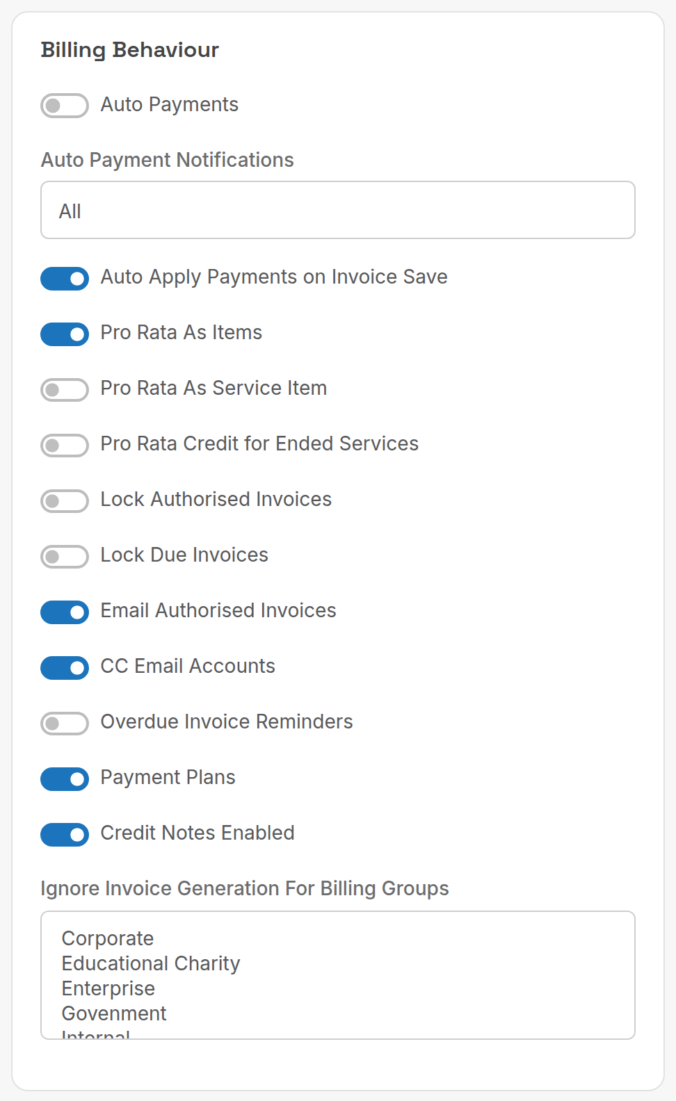 Billing Behaviour card