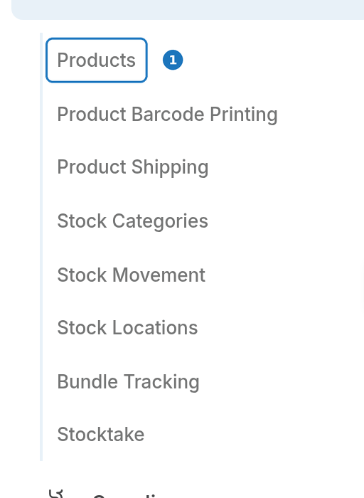 Stock menu with Products highlighted