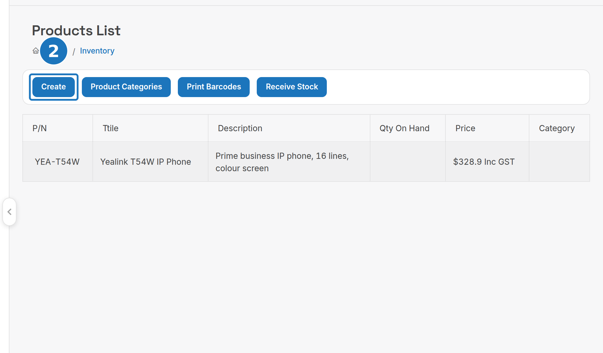 Products List with the Create button